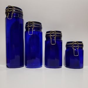 Vintage Set 4 Tall Cobalt Blue Glass Food Storage Jar Containers With Lids